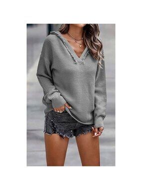 Gray Oversized Ribbed Hooded Knit Sweater Fringe Trim V Neck Loose Boho Pullover